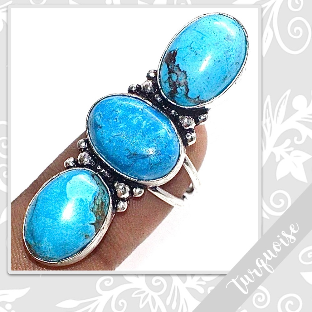 Turquoise Large Southwest-Style Silver Artisan Ring, Size 5.5 (Turquoise Blue)